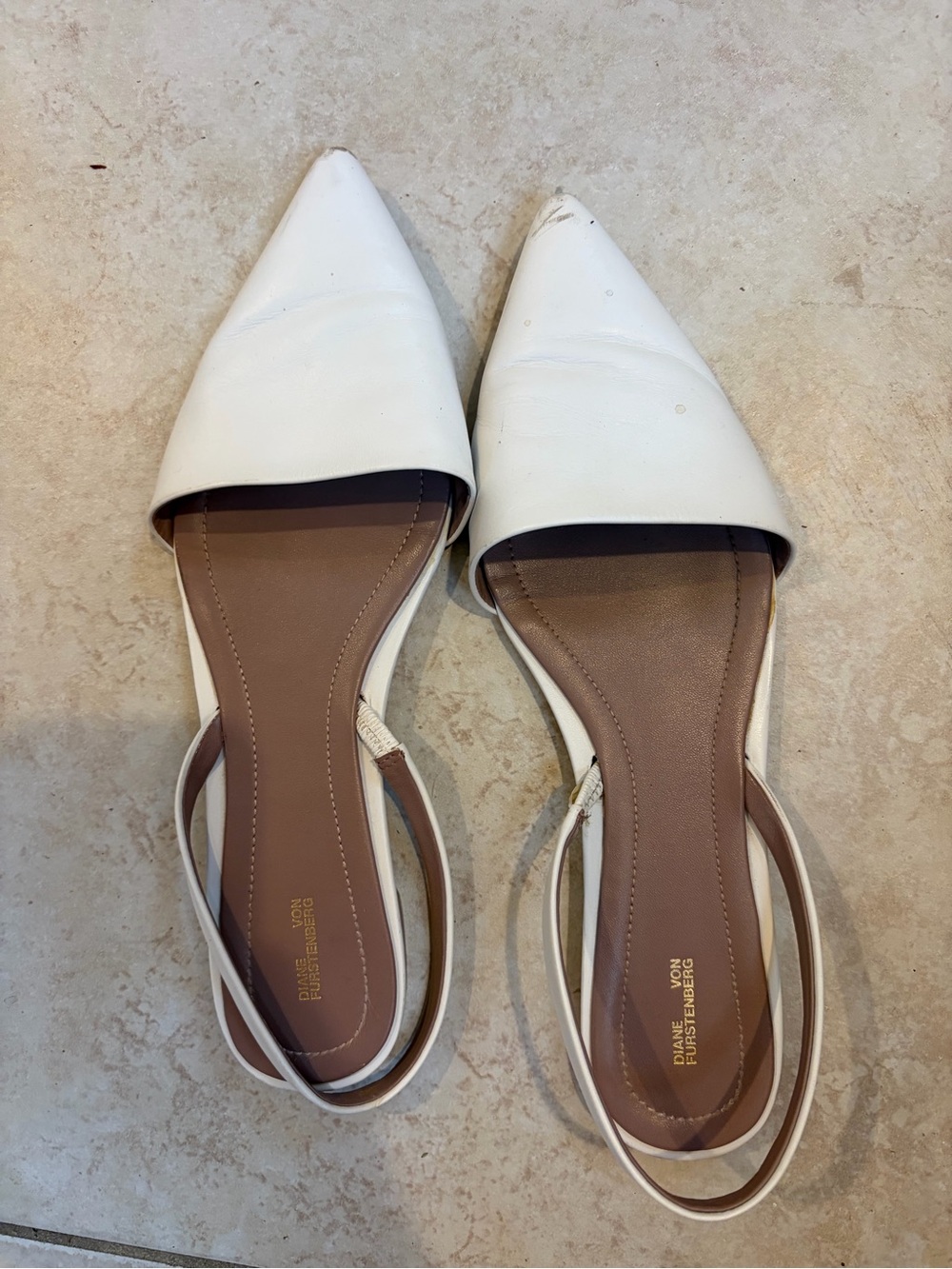 Diane von Furstenberg Koko White Pointed Slingback Flats. Size: 9